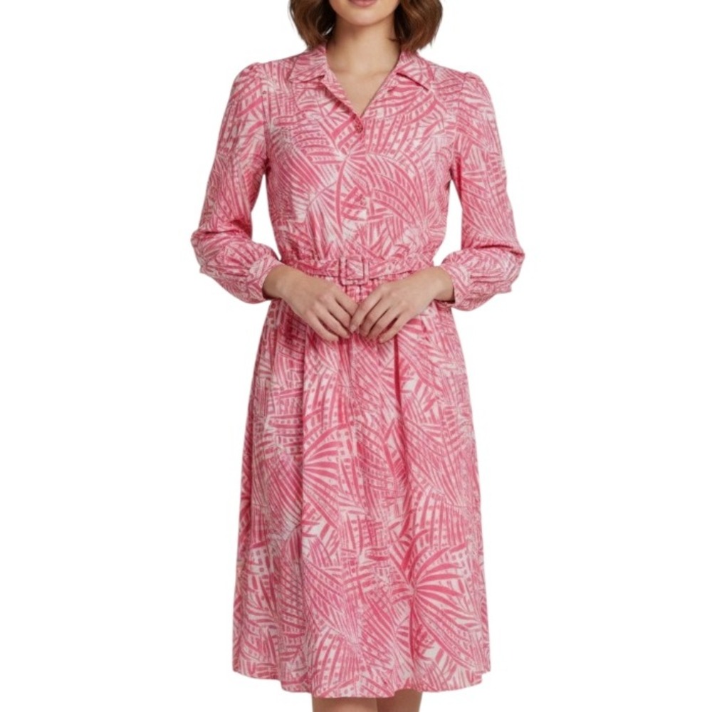VTG BRENNER PETITES Pink SATIN Tropical COTTAGECORE Belted BLOUSON DRESS Sz 12P